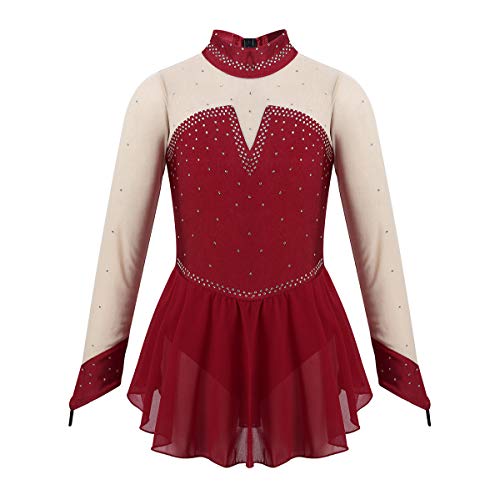 ranrann Vestido de Patinaje Artístico Diamantes para Niña Maillot Danza Clásica con Falda Leotardo de Ballet Gimnasia Rítmica Traje de Actuación Vino Rojo 8 años