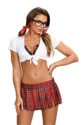 Rapidly Minifalda sexy para mujer, con sujetador de 3 piezas, ropa de noche Babydoll atado al cuello, cuello en V, Cosplay, disfraz de colegiala de Halloween Blanco XL