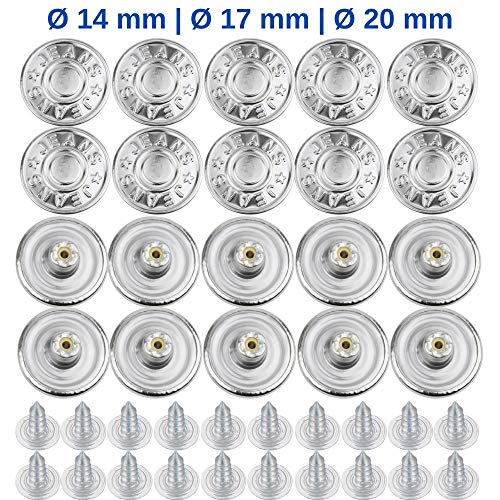 Reemplazo de Botón del Pantalón para Botones de 18 – 20 mm, Paquete de 20 Botones de Perno de Plata para Jeans 20 mm de Diámetro, Reparación de la Chaqueta de Mezclilla Botón de Clip, Botones de Metal