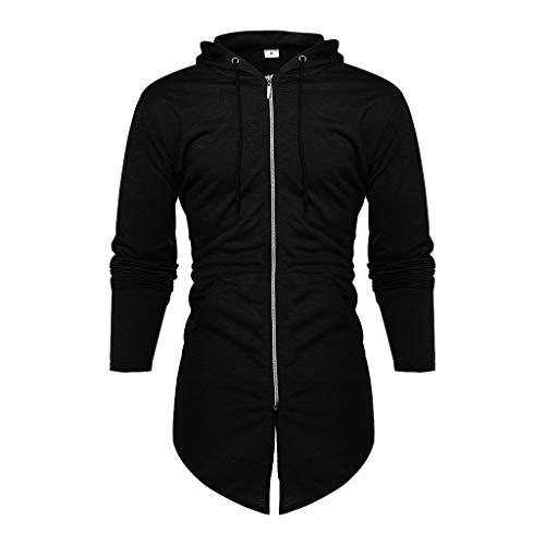 Reooly Chaqueta Cortavientos de Manga Larga con Cremallera con Capucha y cordón de Color sólido para Hombre (Negro,Medium)