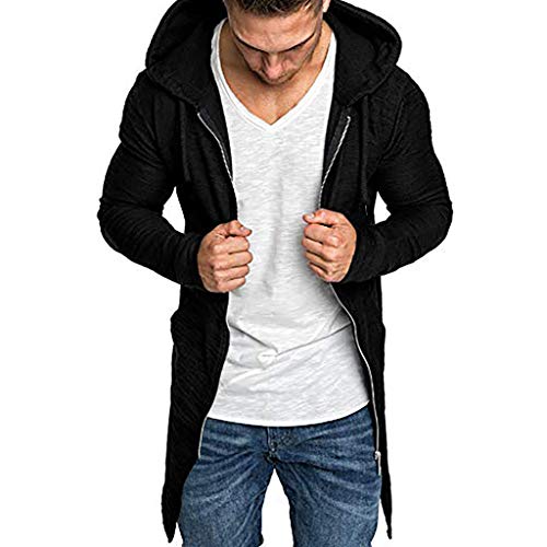 Reooly Chaqueta Cortavientos de Manga Larga con Cremallera con Capucha y cordón de Color sólido para Hombre (Negro,Medium)