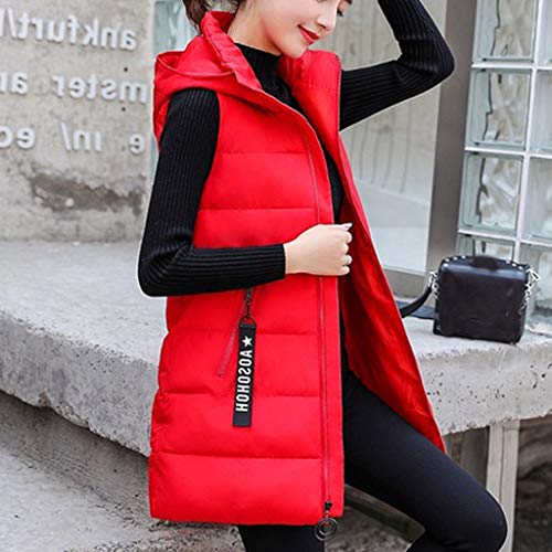 Reooly Chaqueta de Moda para Mujer Chaqueta sin Mangas con Capucha Algodón Color sólido Cremallera Bolsillo Cuello Alto(Rojo,Large)
