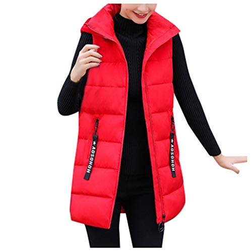 Reooly Chaqueta de Moda para Mujer Chaqueta sin Mangas con Capucha Algodón Color sólido Cremallera Bolsillo Cuello Alto(Rojo,Large)