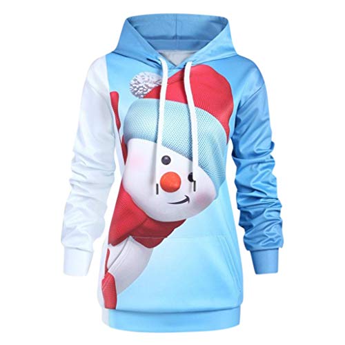 Reooly Sudadera con Capucha de Mujer Sudadera navideña con Bolsillo de Canguro de Dibujos Animados Sudadera de Costura con Estampado de muñeco de Nieve(E-Azul,XXX-Large)