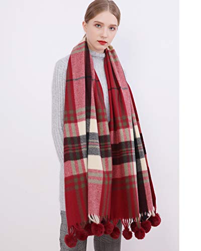 RIIQIICHY Bufanda de tela escocesa Pashmina chal abrigo para las mujeres largo grande invierno cálido grueso bufandas con piel pompón bola