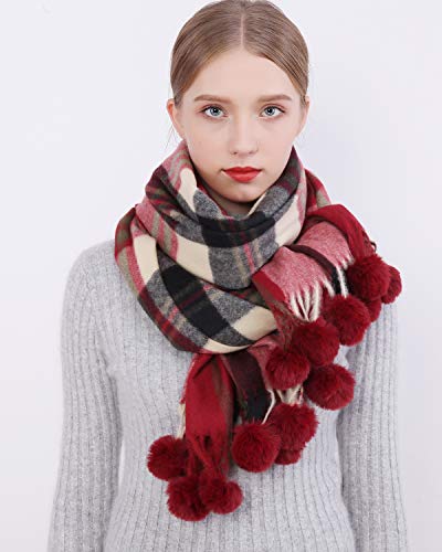 RIIQIICHY Bufanda de tela escocesa Pashmina chal abrigo para las mujeres largo grande invierno cálido grueso bufandas con piel pompón bola