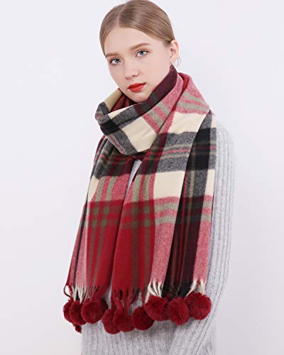RIIQIICHY Bufanda de tela escocesa Pashmina chal abrigo para las mujeres largo grande invierno cálido grueso bufandas con piel pompón bola