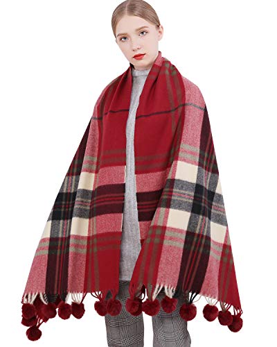 RIIQIICHY Bufanda de tela escocesa Pashmina chal abrigo para las mujeres largo grande invierno cálido grueso bufandas con piel pompón bola