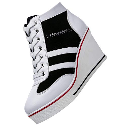rismart Mujer Tenis de Lona con Tacon Cuña Zapatillas Sneakers Plataforma Alta Altos Zapatos SN02513(Blanco Negro,35 EU)