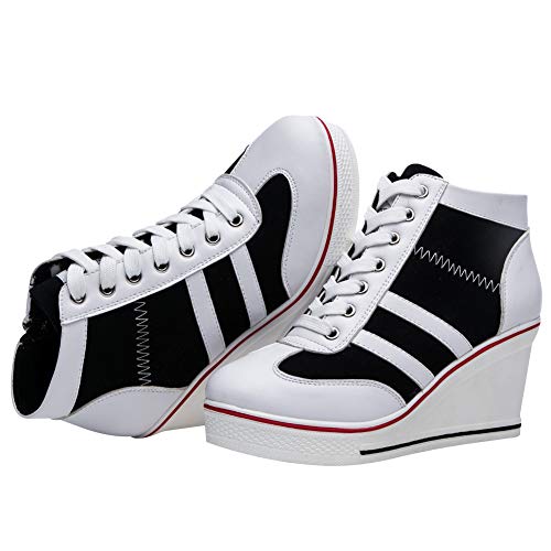 rismart Mujer Tenis de Lona con Tacon Cuña Zapatillas Sneakers Plataforma Alta Altos Zapatos SN02513(Blanco Negro,35 EU)