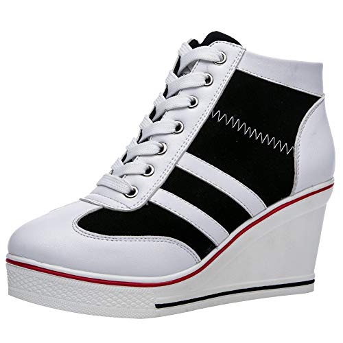 rismart Mujer Tenis de Lona con Tacon Cuña Zapatillas Sneakers Plataforma Alta Altos Zapatos SN02513(Blanco Negro,35 EU)