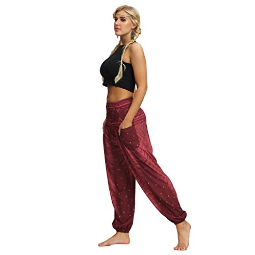RISTHY Mujer Pantalones Harem Tailandes Hippies Vintage Boho Flores Verano Alta Cintura Elastica Casual Danza Yoga Pants Bombachos Playa con Bolsillos