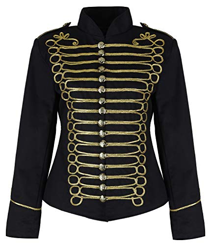 Ro Rox Chaqueta Ajustada de Desfile Militar EMO Punk Percusionista de Estilo napoleónico en para Damas - Negro & Dorado (3XL)
