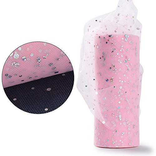 Rollo 22,5 metro Cinta Tela Tul con Lentejuelas Tulle Ancho 15cm Decoración Hogar Boda Novia Fiesta Navidad Manualidades DIY Envolver Regalos Tutú Falda Rosa