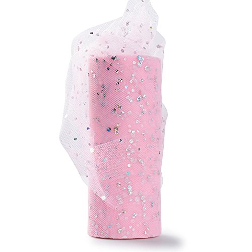 Rollo 22,5 metro Cinta Tela Tul con Lentejuelas Tulle Ancho 15cm Decoración Hogar Boda Novia Fiesta Navidad Manualidades DIY Envolver Regalos Tutú Falda Rosa