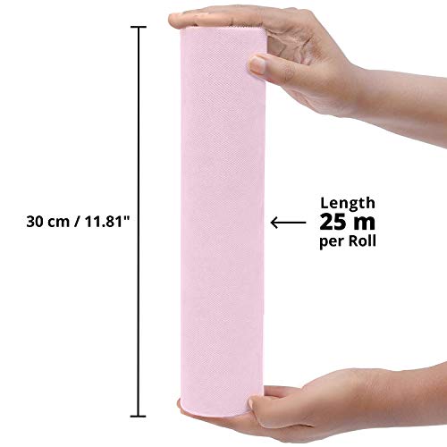 Rollo de Tul (Pack de 2) - 25m Largo x 30cm de Ancho, Bebé Rosa Tela de Tul para Tutú Falda, Caminos de Mesa, Lazos Sillas, Envolver Regalos, Pompones, Manualidades, Decoración Boda y Cumpleaños