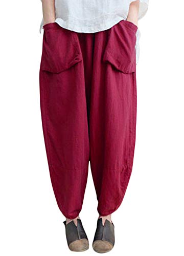 Romacci Pantalones Harem de Mujer Cintura elástica Pantalones Anchos sólidos Pantalones Holgados de Lino de algodón Holgado (Rojo, 2XL)