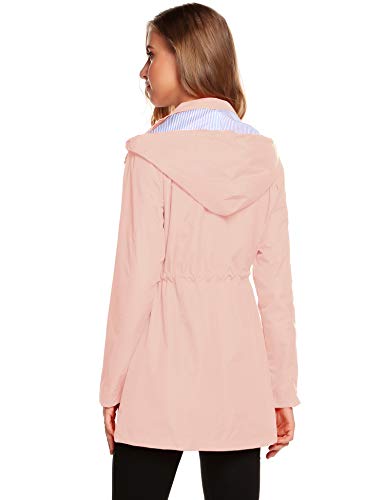 Romanstii - Chaqueta de lluvia para mujer, impermeable, ligera, elegante, transpirable, manga larga, prenda con capucha rosa M