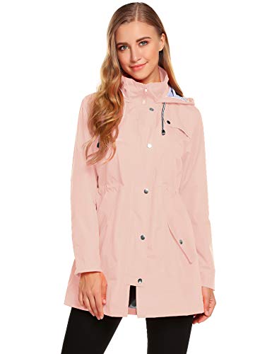 Romanstii - Chaqueta de lluvia para mujer, impermeable, ligera, elegante, transpirable, manga larga, prenda con capucha rosa M
