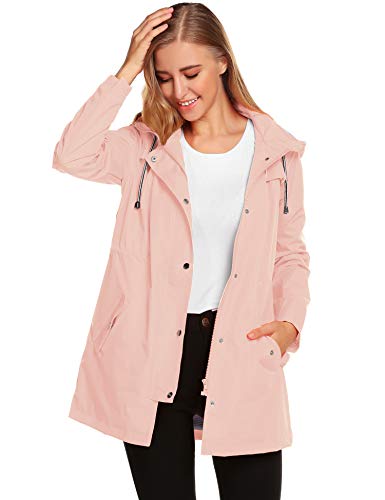 Romanstii - Chaqueta de lluvia para mujer, impermeable, ligera, elegante, transpirable, manga larga, prenda con capucha rosa M