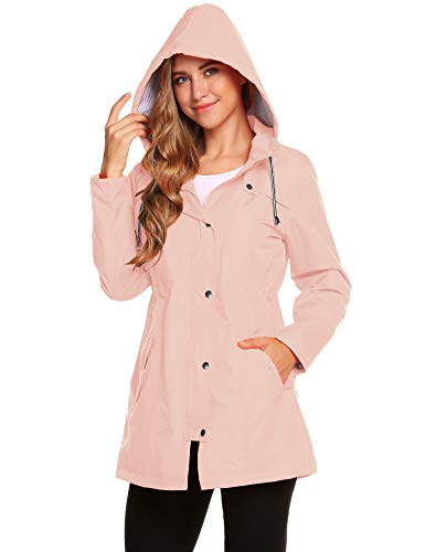 Romanstii - Chaqueta de lluvia para mujer, impermeable, ligera, elegante, transpirable, manga larga, prenda con capucha rosa M
