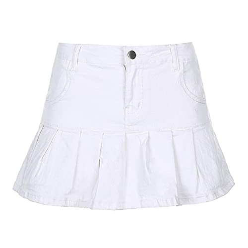 RRTY Faldas Plisadas De Mezclilla con Volantes para Mujer, Minifaldas Ajustadas De Cintura Alta, Minifaldas Cortas De Moda Sexy Dulce (L,White)