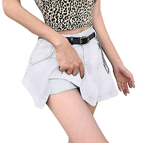 RRTY Faldas Plisadas De Mezclilla con Volantes para Mujer, Minifaldas Ajustadas De Cintura Alta, Minifaldas Cortas De Moda Sexy Dulce (L,White)
