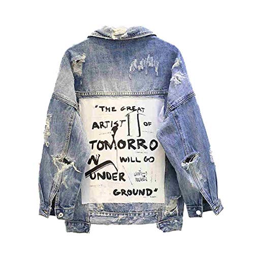 RYSLJJWCZ Abrigo básico Bombers Chaqueta de Mezclilla de Tela Vintage Patchwork Vaqueros de Mujer Chaqueta de Mezclilla con Agujero Rasgado de otoño-S