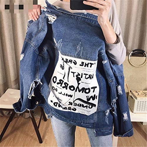 RYSLJJWCZ Abrigo básico Bombers Chaqueta de Mezclilla de Tela Vintage Patchwork Vaqueros de Mujer Chaqueta de Mezclilla con Agujero Rasgado de otoño-S