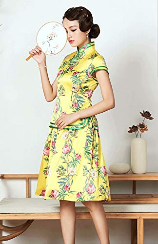 Seda impresión Qipao Blusa Falda Dos Piezas Conjunto Amarillo Vestido Chino para Las Mujeres 3249 S