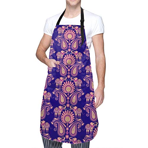 Seiobax Indian Elephants and Flowers Paisley Indian Elephants and Paisleys on Dark Background Green Aprons with Two Pockets, Adjustable Neck Size Fit to Women or Men