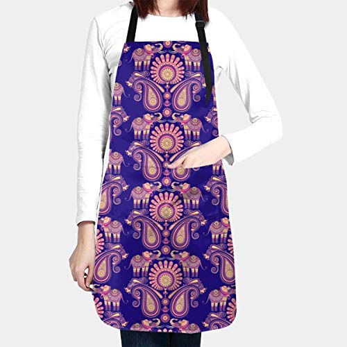 Seiobax Indian Elephants and Flowers Paisley Indian Elephants and Paisleys on Dark Background Green Aprons with Two Pockets, Adjustable Neck Size Fit to Women or Men