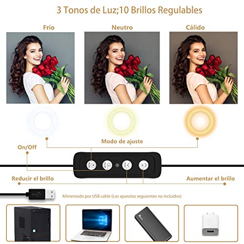 Selvim Anillo de Luz LED, Aro de Luz Fotográfica con Soporte para Móviles de Brazo Flexible a 360°, 3 Modos de Luz y 10 Brillos, 6" con 64 Bombillas para Selfie, Maquillaje, TIK Tok, Youtube