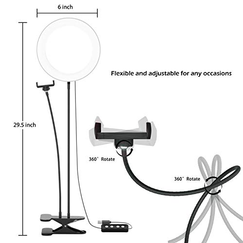 Selvim Anillo de Luz LED, Aro de Luz Fotográfica con Soporte para Móviles de Brazo Flexible a 360°, 3 Modos de Luz y 10 Brillos, 6" con 64 Bombillas para Selfie, Maquillaje, TIK Tok, Youtube