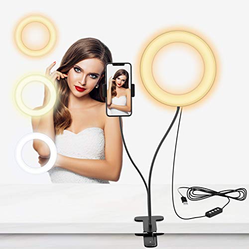 Selvim Anillo de Luz LED, Aro de Luz Fotográfica con Soporte para Móviles de Brazo Flexible a 360°, 3 Modos de Luz y 10 Brillos, 6" con 64 Bombillas para Selfie, Maquillaje, TIK Tok, Youtube