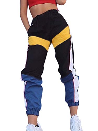 Shallood Mujer Pantalones Harajuku Hip Hop Streetwear Pantalones Estilo Callejero Empalmados Pantalones Deportivos De Cintura Alta S-3XL Amarillo Small