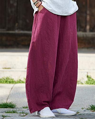 Shaoyao Mujer Pantalones de Lino Pantalón Bombachos Harem de Yoga Pantalones Casuales Vino Rojo