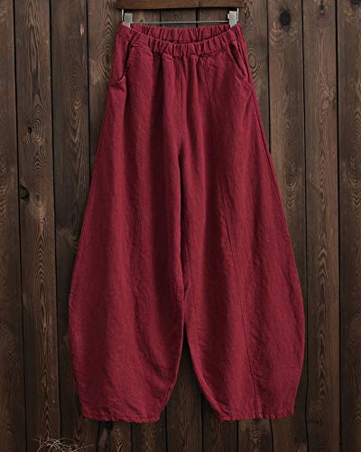 Shaoyao Mujer Pantalones de Lino Pantalón Bombachos Harem de Yoga Pantalones Casuales Vino Rojo