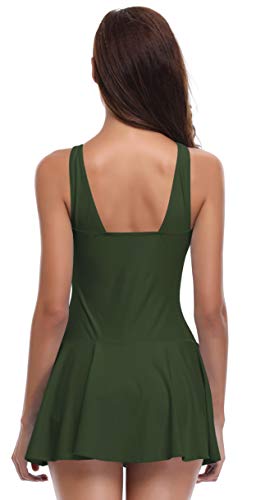 SHEKINI Mujer Bañador con Falda Traje de baño Cuello V Relleno Una Pieza Monokini con Shorts de Seguridad (Small, Verdinegro)