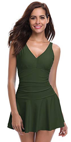 SHEKINI Mujer Bañador con Falda Traje de baño Cuello V Relleno Una Pieza Monokini con Shorts de Seguridad (Small, Verdinegro)