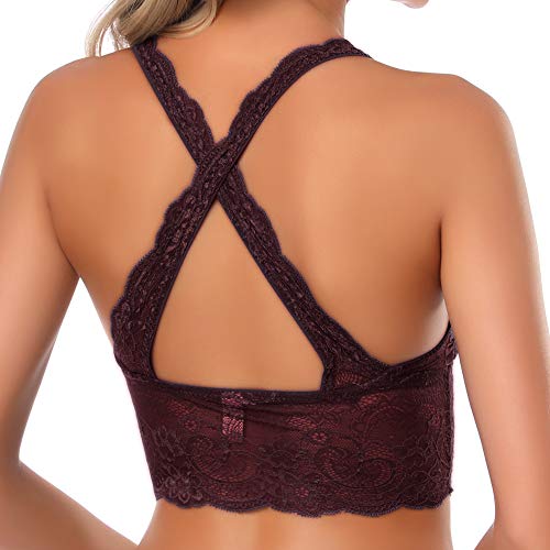 SHEKINI Sujetador Bralette Blonda Estilo Top Triangular de Encaje Crochet Lace sin Aro con Relleno Extraíble y Tirantes Cruzados no Ajustables sin Cierre para Mujer (Púrpura, S)