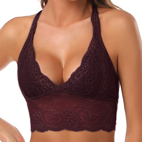 SHEKINI Sujetador Bralette Blonda Estilo Top Triangular de Encaje Crochet Lace sin Aro con Relleno Extraíble y Tirantes Cruzados no Ajustables sin Cierre para Mujer (Púrpura, S)