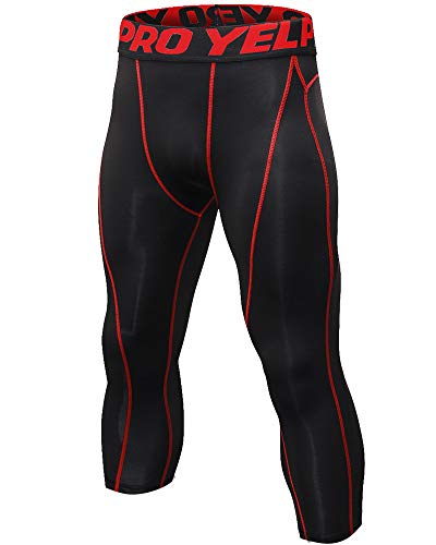 Shengwan Leggings 3/4 Hombre Deportivos Mallas Térmicos Correr Gimnasio Pantalones de Compresión Línea Roja M