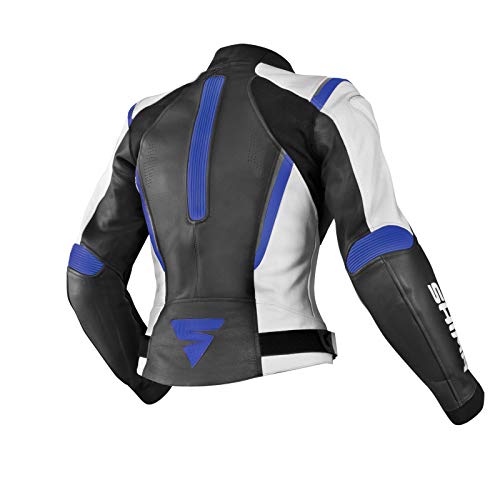 SHIMA Chaqueta de motociclismo MIURA BLUE con protección deportiva para mujer de piel (32-42, negro/blanco/azul), talla 38