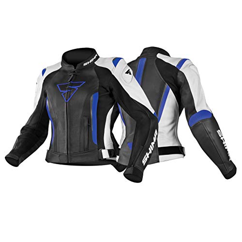 SHIMA Chaqueta de motociclismo MIURA BLUE con protección deportiva para mujer de piel (32-42, negro/blanco/azul), talla 38