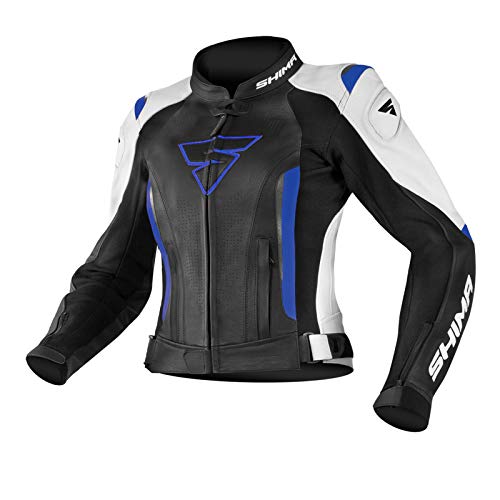 SHIMA Chaqueta de motociclismo MIURA BLUE con protección deportiva para mujer de piel (32-42, negro/blanco/azul), talla 38