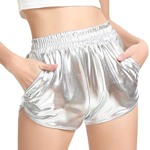 SHOBDW Mujeres de Moda elásticos de Cintura Alta Yoga Pantalones Deportivos Sexy Pantalones Cortos Delgados Brillantes Pantalones metálicos Polainas (M, Oro)