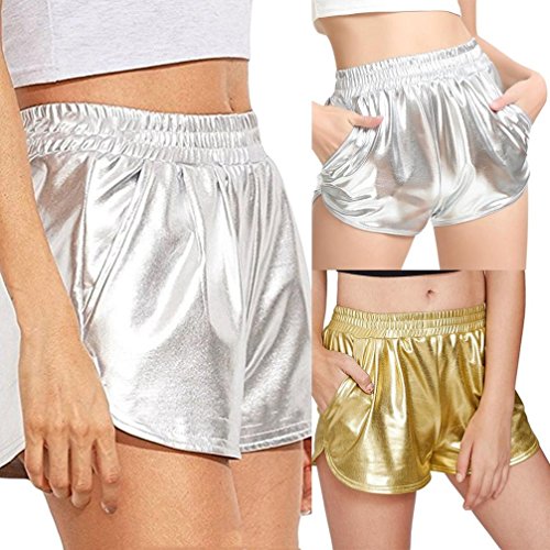 SHOBDW Mujeres de Moda elásticos de Cintura Alta Yoga Pantalones Deportivos Sexy Pantalones Cortos Delgados Brillantes Pantalones metálicos Polainas (M, Oro)