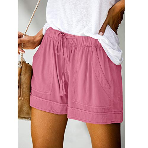 SHOBDW Pantalones Cortos elásticos de la Playa de la impresión de la Raya de Las Mujeres del Verano de la Cintura Alta Pantalones Cortos Flojos de la Playa del Dril de algodón (XL, Gris-3)