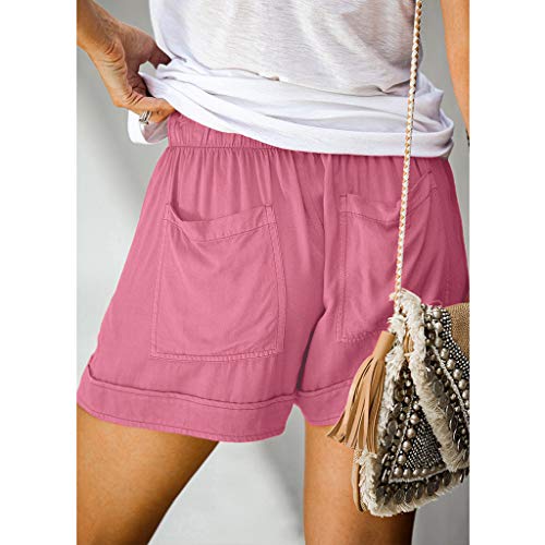 SHOBDW Pantalones Cortos elásticos de la Playa de la impresión de la Raya de Las Mujeres del Verano de la Cintura Alta Pantalones Cortos Flojos de la Playa del Dril de algodón (XL, Gris-3)